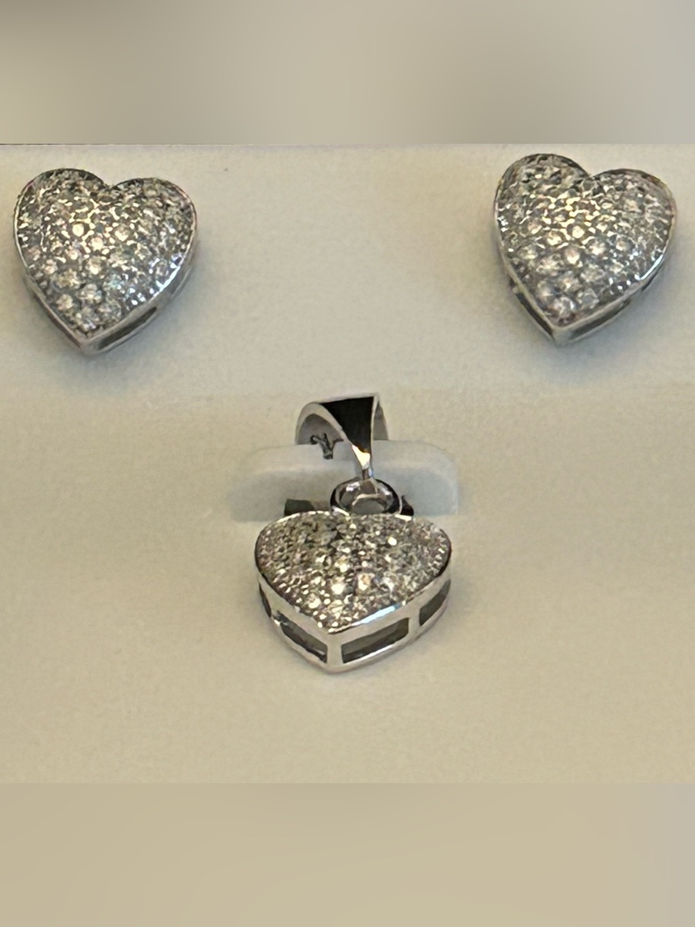 Sparkling 1.00CTW Pave’ Moissanite 925 SSilver Heart Pendant & Stud Earrings Set